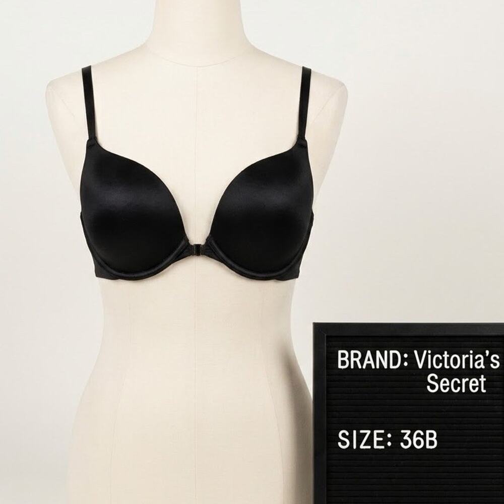 Victoria's Secret Very Sexy Plunge Underwire Bra 36B Black Satin Smooth
